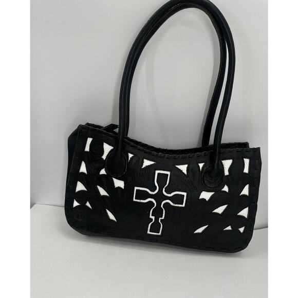 JL Saldivar Black White Handtooled Leather Purse Handbag cross Western - Picture 2 of 8